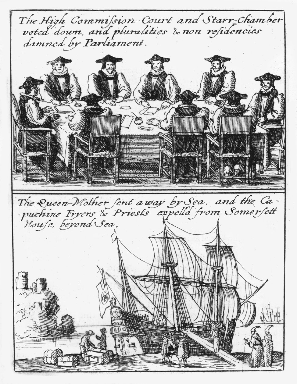 Medlemmer av Stjernekammeret; Dronning Henrietta Maria seiler fra England av Wenceslaus Hollar