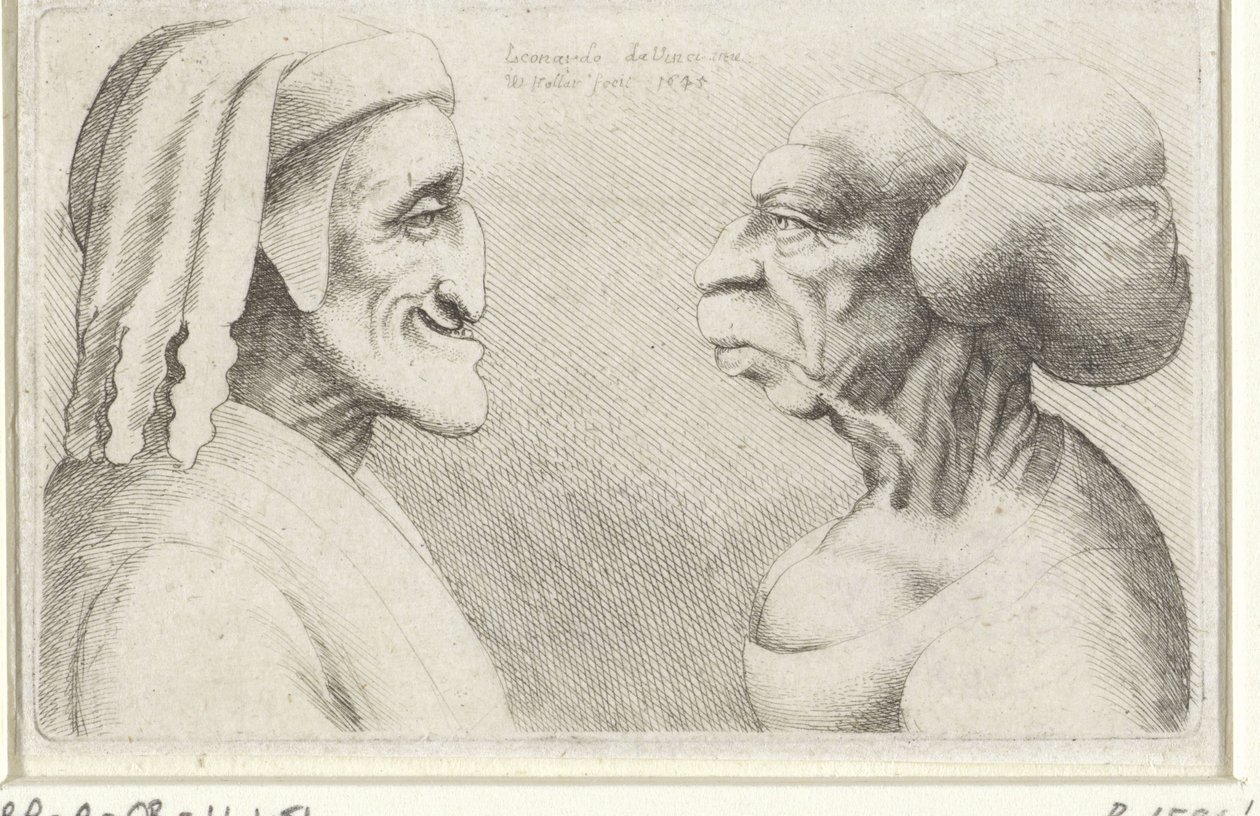 Deformerte karikaturhoder av en mann med hatt (Dante?) og en kvinne Varie figurae et probae (serietittel) Karikaturer, hoder og misdannelser etter Leonardo da Vinci (serietittel) av Wenceslaus Hollar