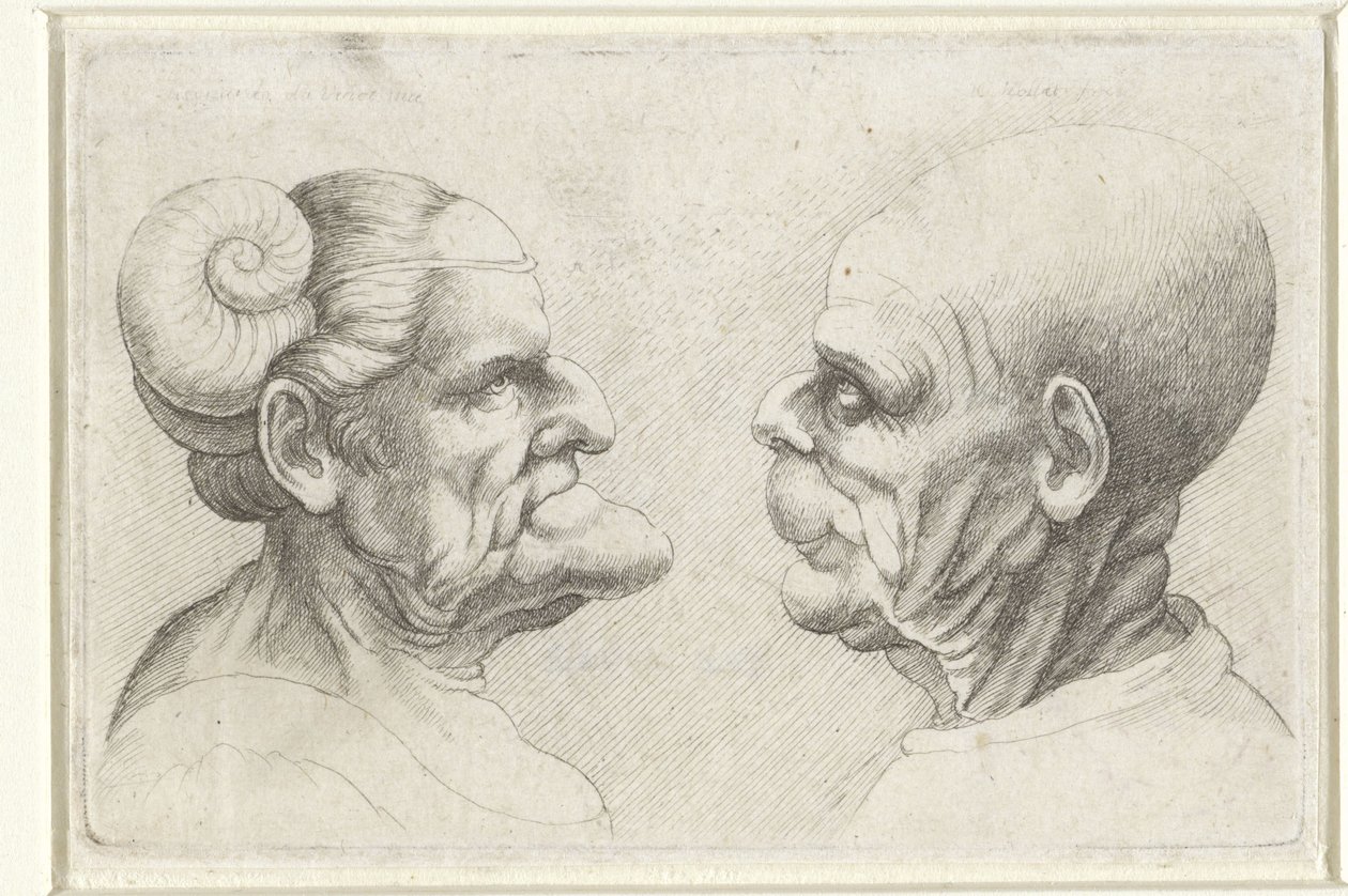 Deformerte hoder til en skallet mann og kvinne med horn på hodet Varie figurae et probae (serietittel) Karikaturer, hoder og misdannelser etter Leonardo da Vinci (serietittel) av Wenceslaus Hollar
