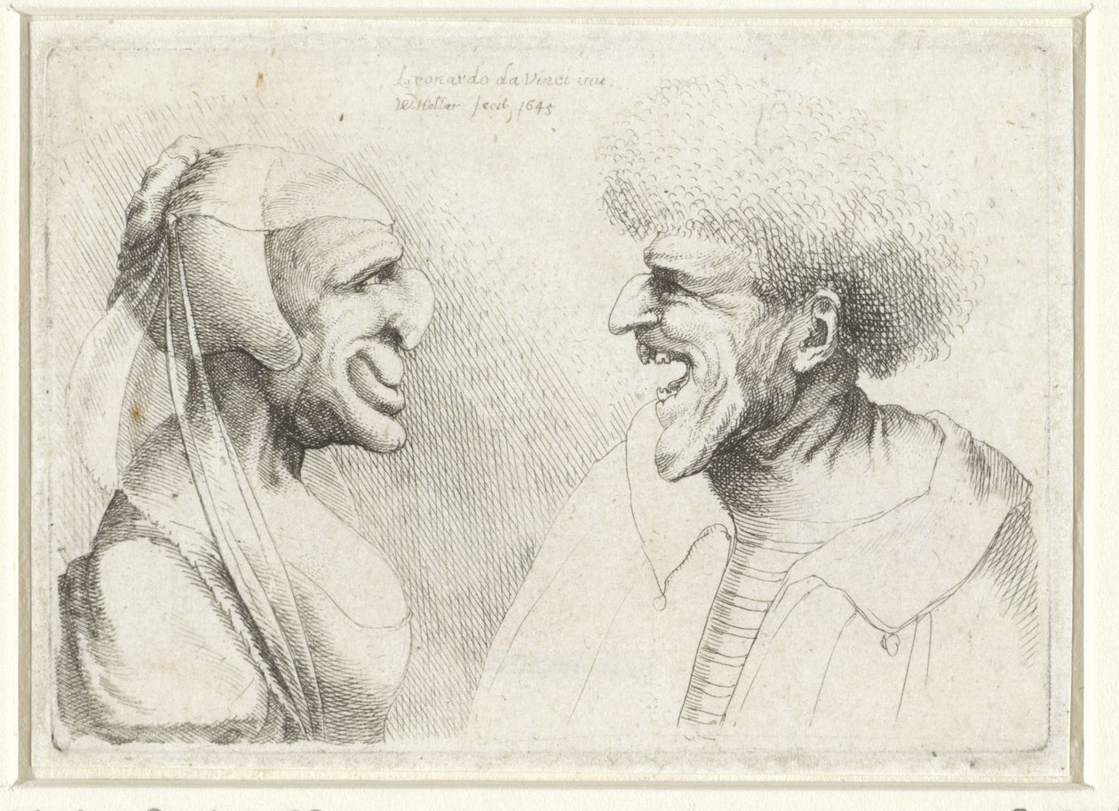Deformerte hoder til en smilende mann og kvinne med hodehette Varie figurae et probae (serietittel) Karikaturer, hoder og misdannelser etter Leonardo da Vinci (serietittel) av Wenceslaus Hollar