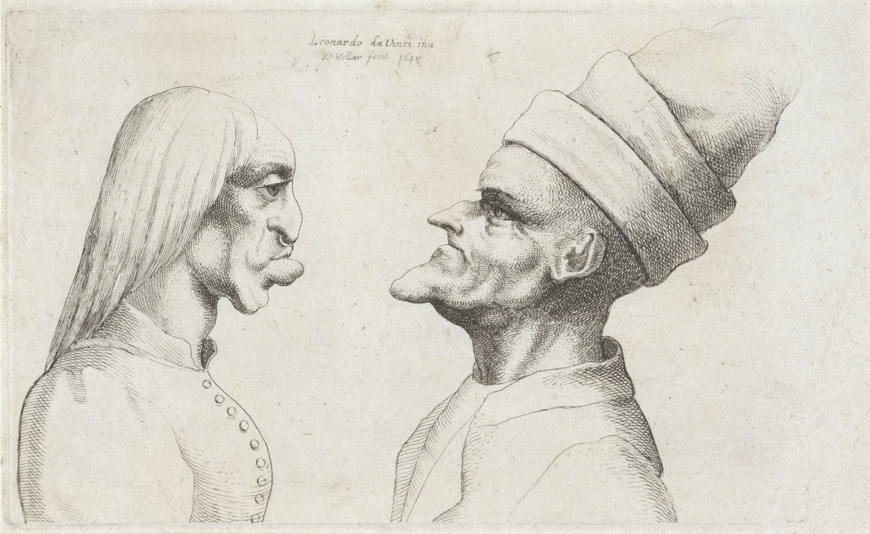 Deformerte hoder til en kvinne med rett hår og en mann med dobbelbremmet hatt Varie figurae et probae (serietittel) Karikaturer, hoder og misdannelser etter Leonardo da Vinci (serietittel) av Wenceslaus Hollar