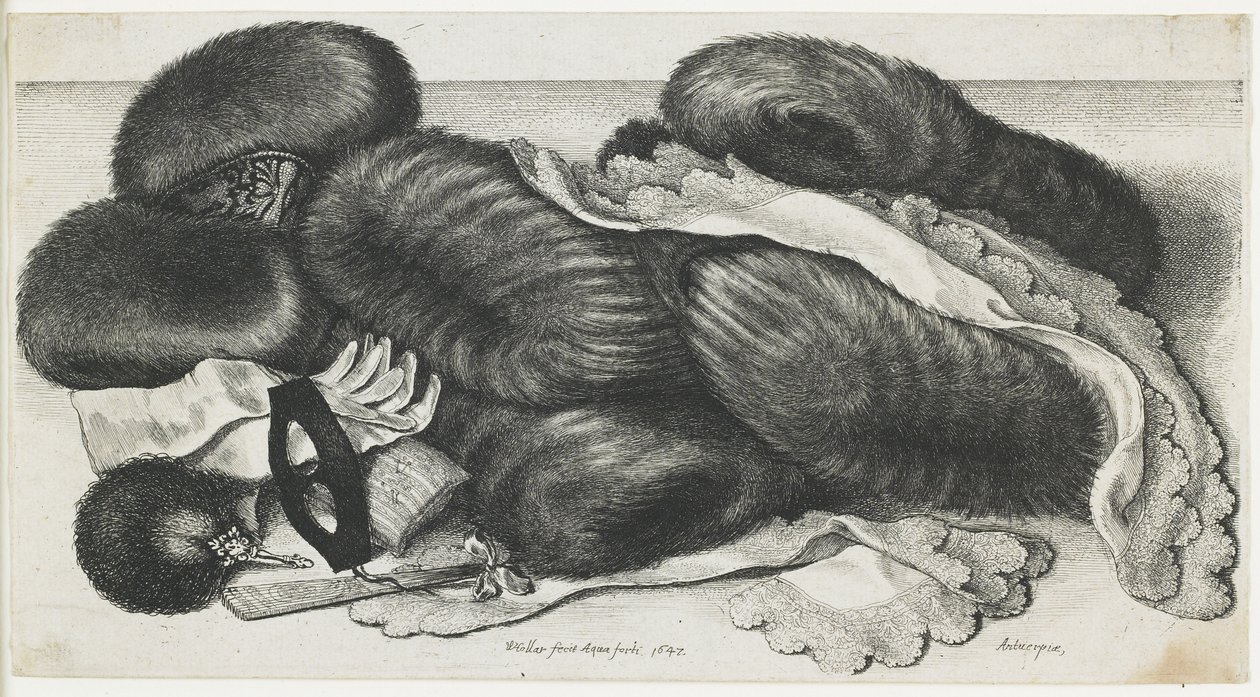 Muffer og klesplagg på et bord, 1647 av Wenceslaus Hollar