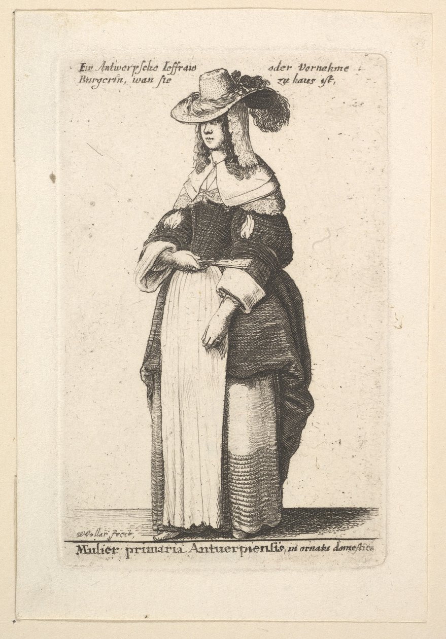 Den ledende Antwerpen-kvinnen, den domestiserte Gentlewoman av Antwerpen i husdrakt..., 1625-77. av Wenceslaus Hollar