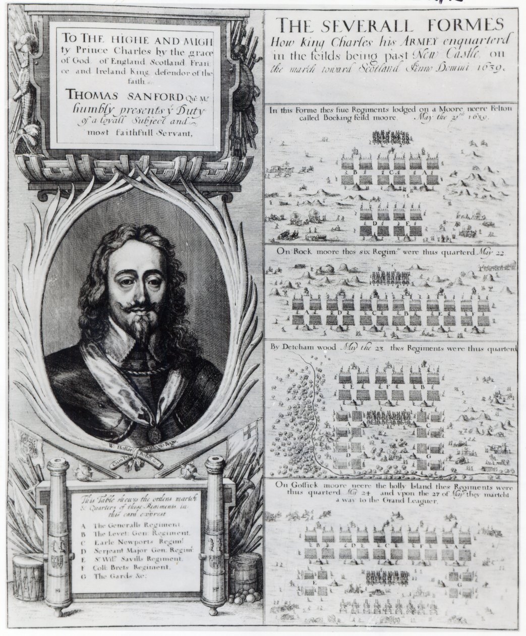 Portrett av kong Charles I med diagrammer som viser dannelsen av troppene hans under bispekrigen, ca. 1639 av Wenceslaus Hollar