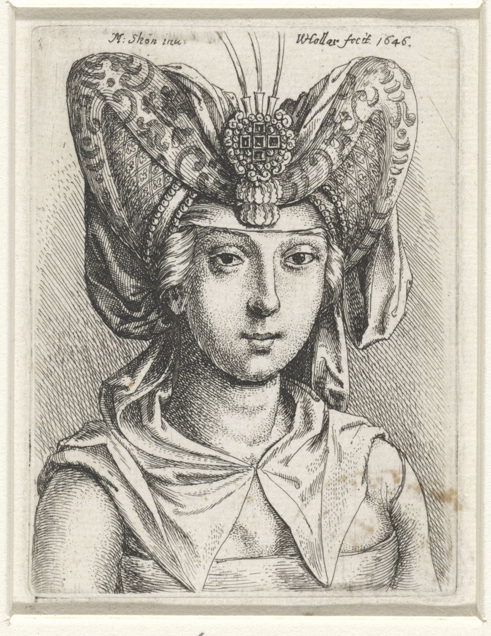 Portrett av kvinne med V-formet borrelett på hodet av Wenceslaus Hollar