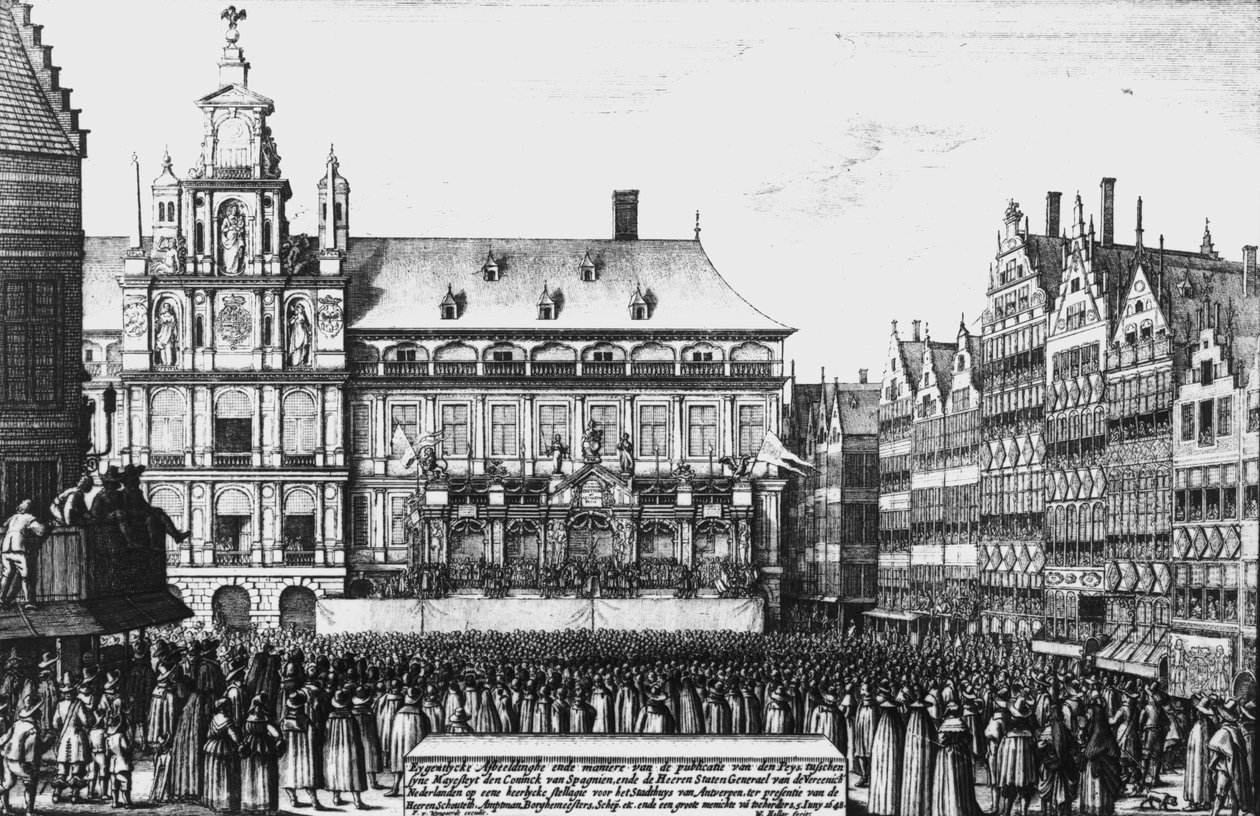 Proklamasjon av freden i Westfalen i 1648, gravert av F. Wyngaerde av Wenceslaus Hollar