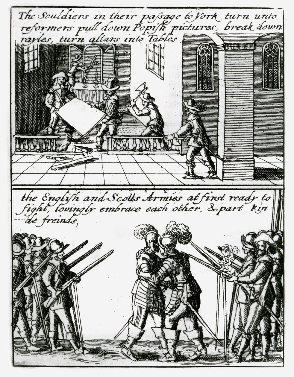 Soldater ødelegger religiøse bilder i en kirke; Engelske og skotske soldater omfavner av Wenceslaus Hollar