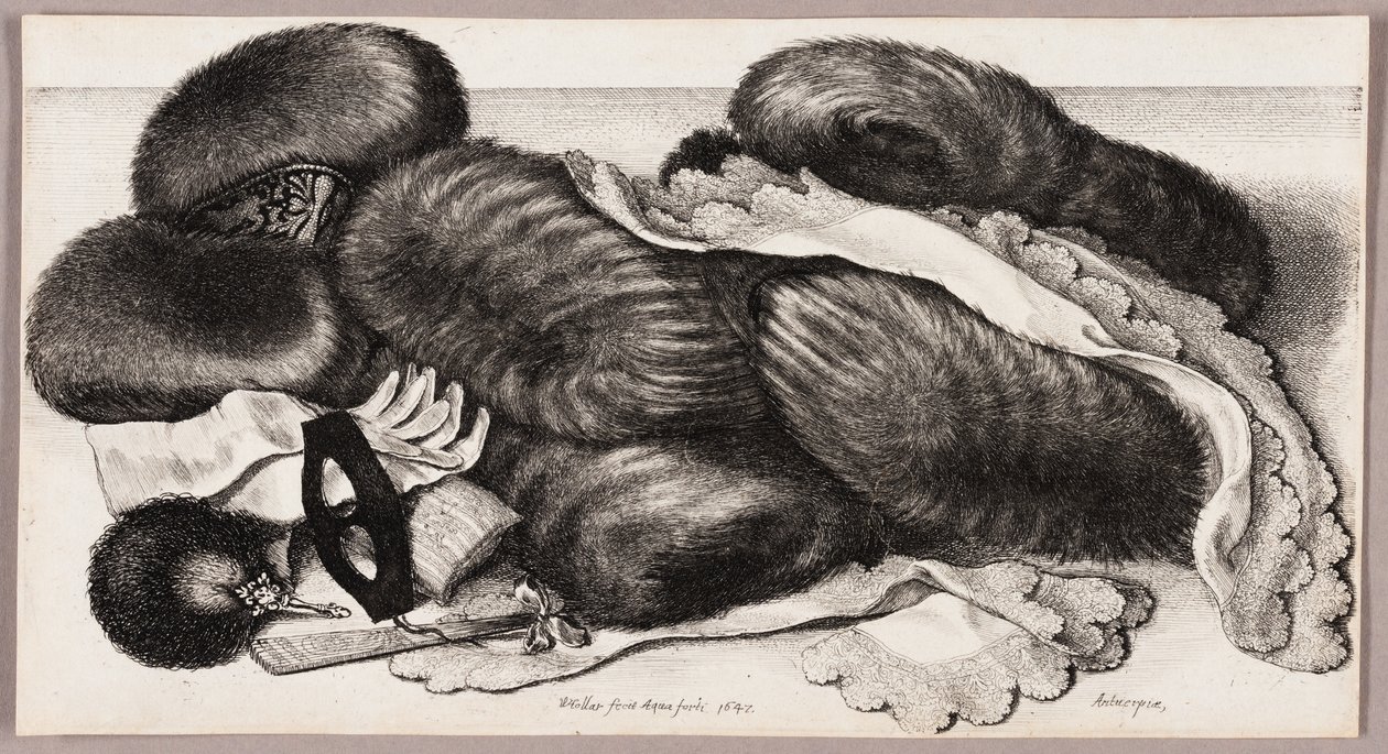 Stilleben med en gruppe muffer, et par hansker og to tørkle av Wenceslaus Hollar