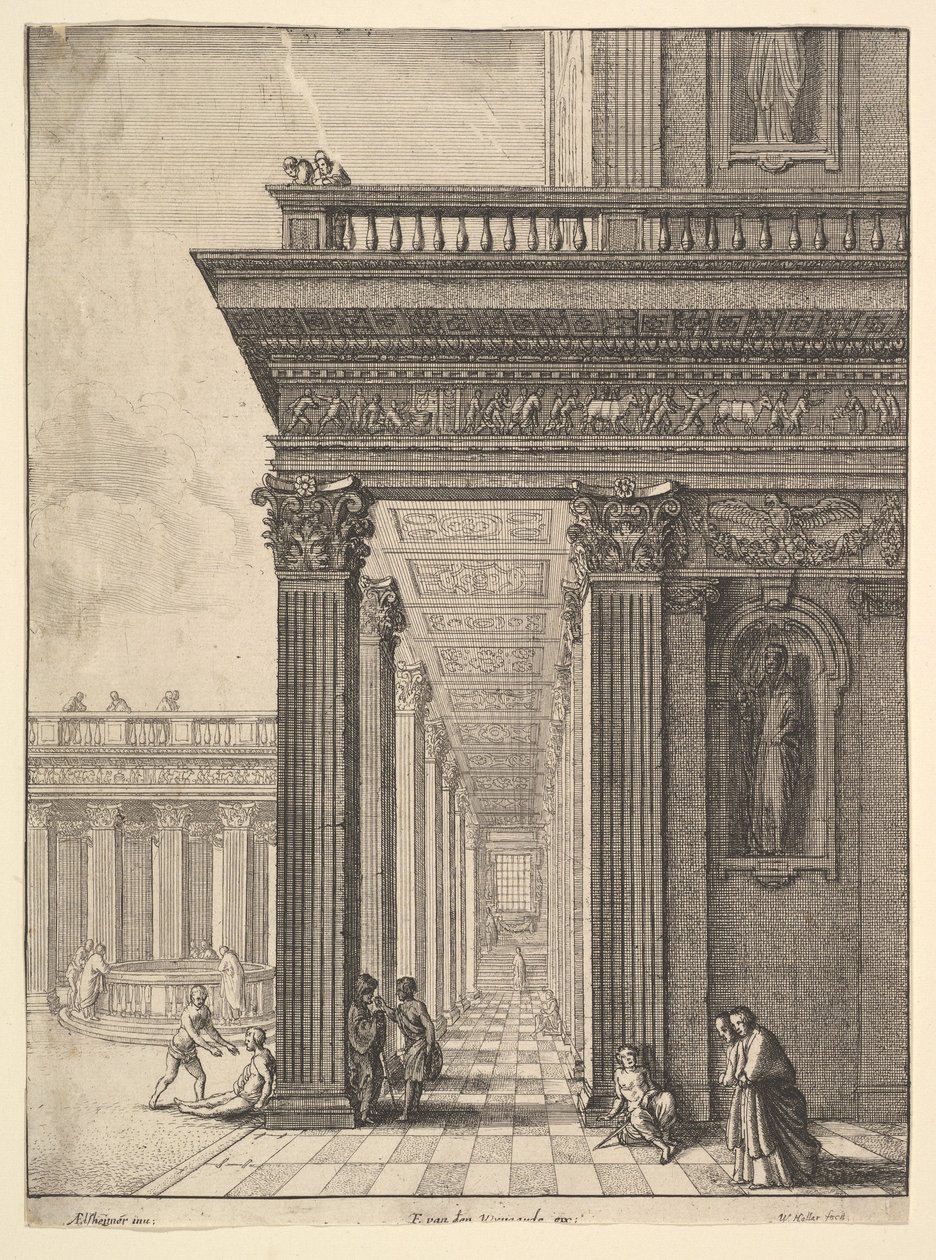 Tempelgård med figurer, etter David Teniers den eldste, 1625-77. av Wenceslaus Hollar