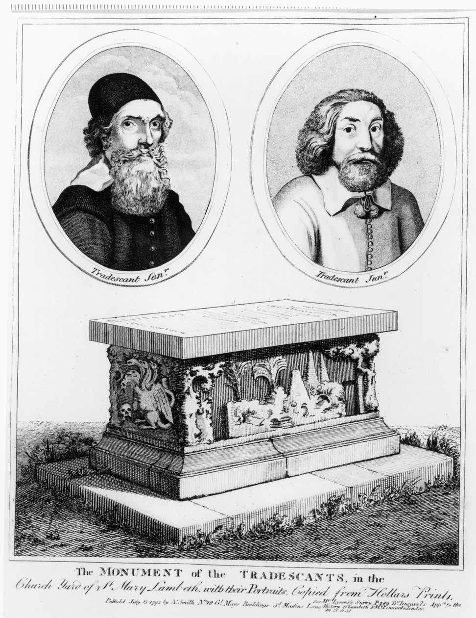 The Monument of the Tradescants i Church Yard of St. Mary Lambeth, pub. i 1793 av Wenceslaus Hollar