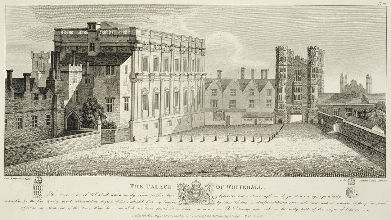 The Palace of Whitehall, fra en tegning i Pepysian Library, Cambridge, publisert 1809 av Wenceslaus Hollar