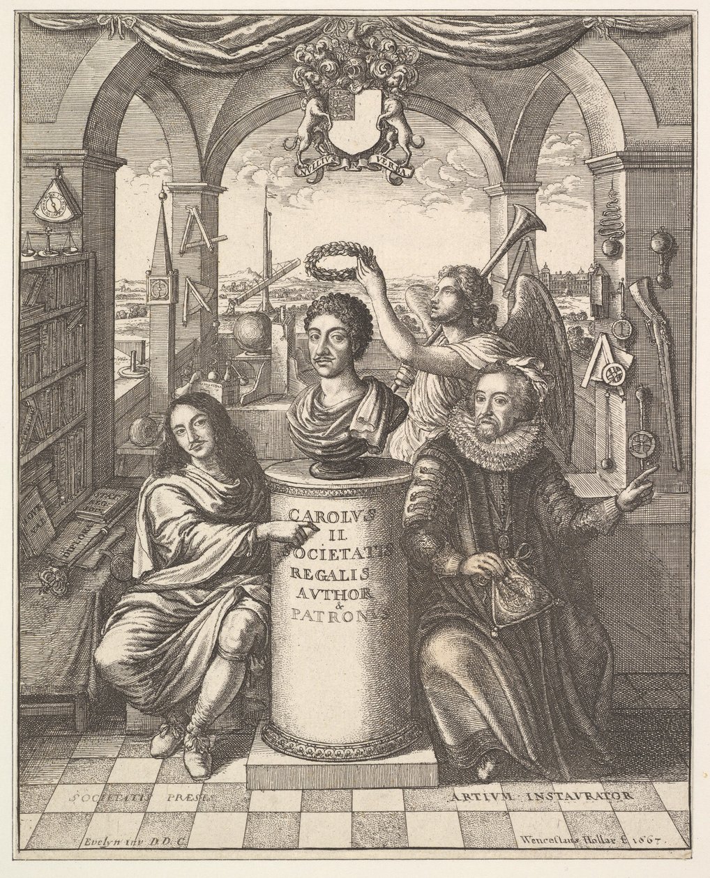 The Royal Society, frontispice til Thomas Sprat, The History of the Royal Society of London..., 1667. av Wenceslaus Hollar