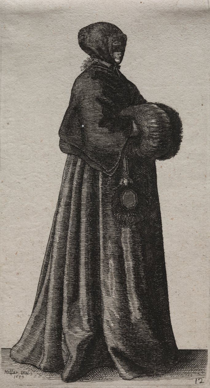 Engelske kvinners flere vaner, fra adelen til landskvinnene slik de er i disse tider: Kvinnen med maske, hette og muff av Wenceslaus Hollar
