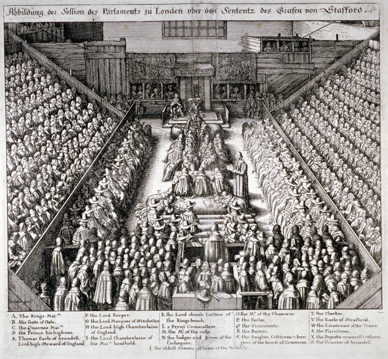 Rettsaken mot Thomas Wentworth, jarl av Strafford, Westminster Hall, London, 1641. av Wenceslaus Hollar