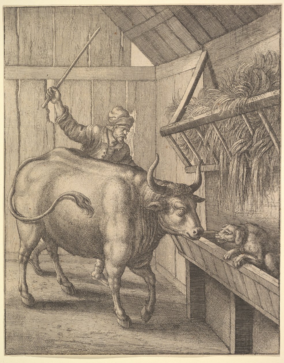 Hunden i krybben fra illustrasjon til John Ogilbys Æsopics: Or A Second Collection..., 1666. av Wenceslaus Hollar
