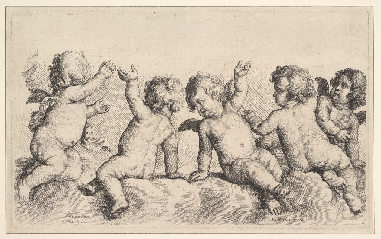 Tre kjeruber og to gutter på skyer, 1620-77. av Wenceslaus Hollar