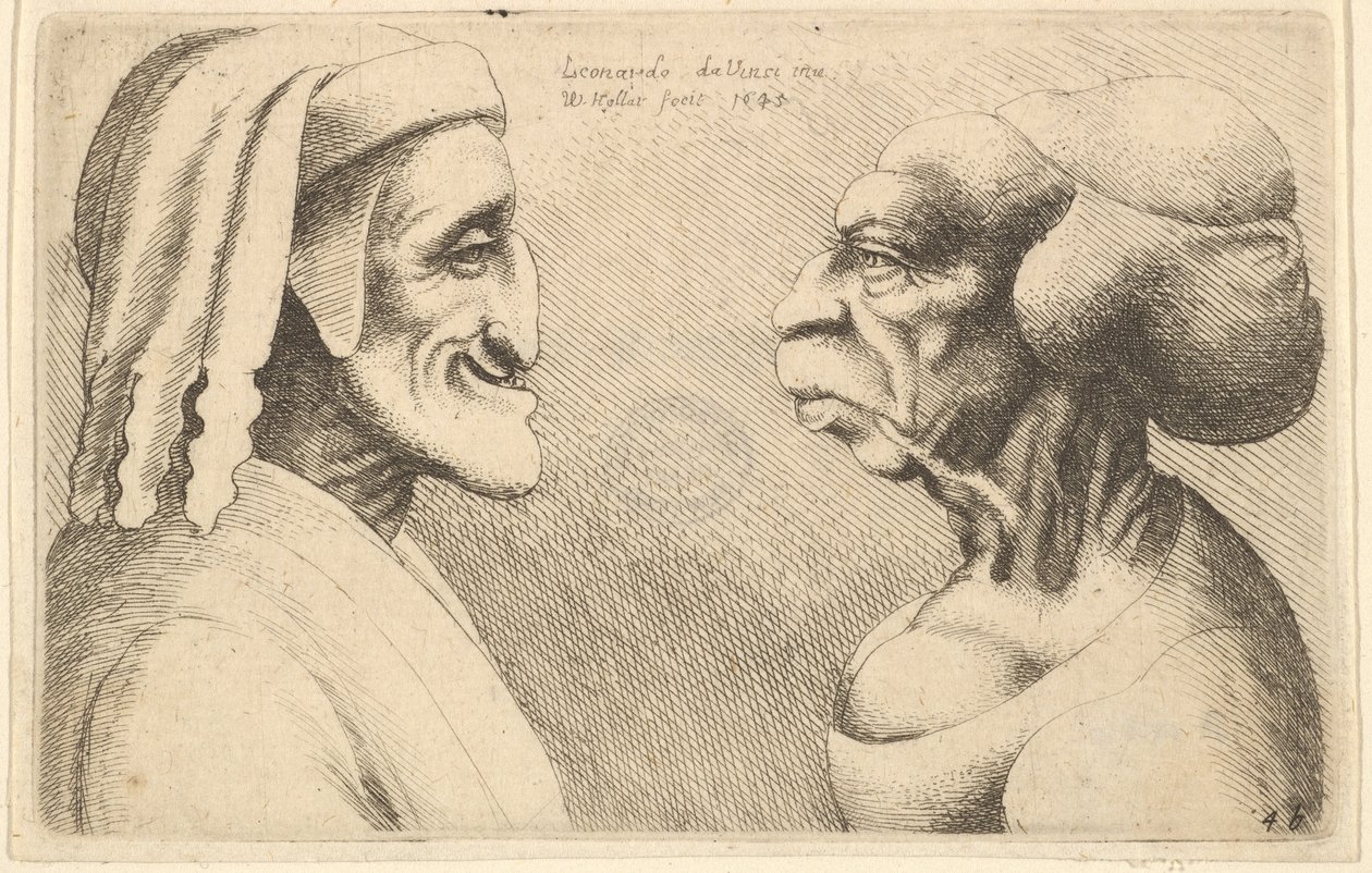 To deformerte hoder figuren til venstre er muligens en karikatur av Dante, 1645. av Wenceslaus Hollar