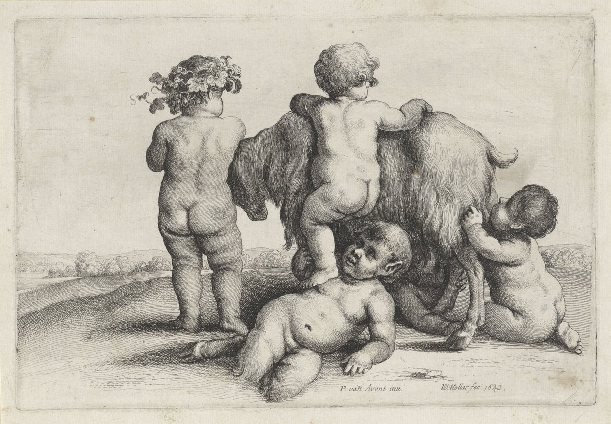 Fire gutter, en satyr og en geit Putti and Satyrs (serietittel) av Wenceslaus Hollar