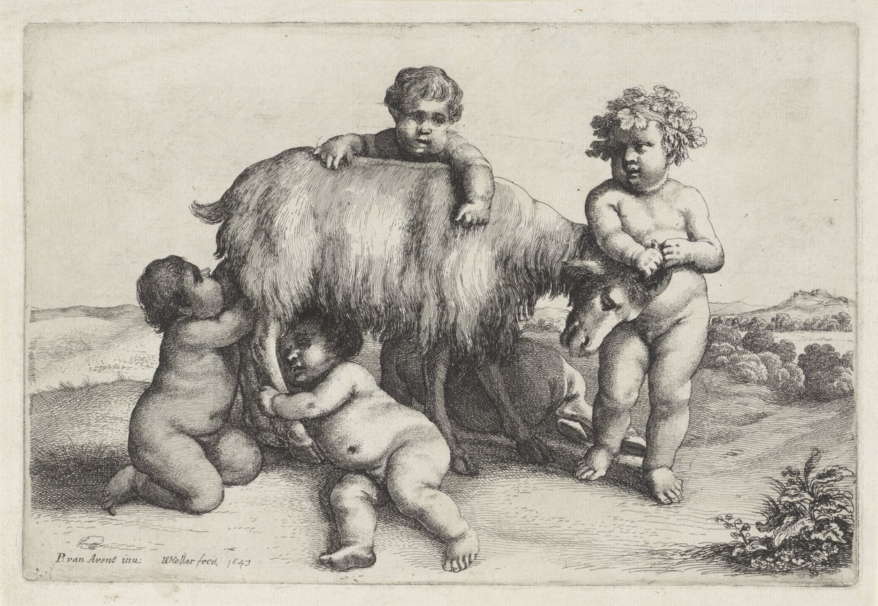 Fire gutter, en satyr og en geit som står til høyre Putti and Satyrs (serietittel) av Wenceslaus Hollar