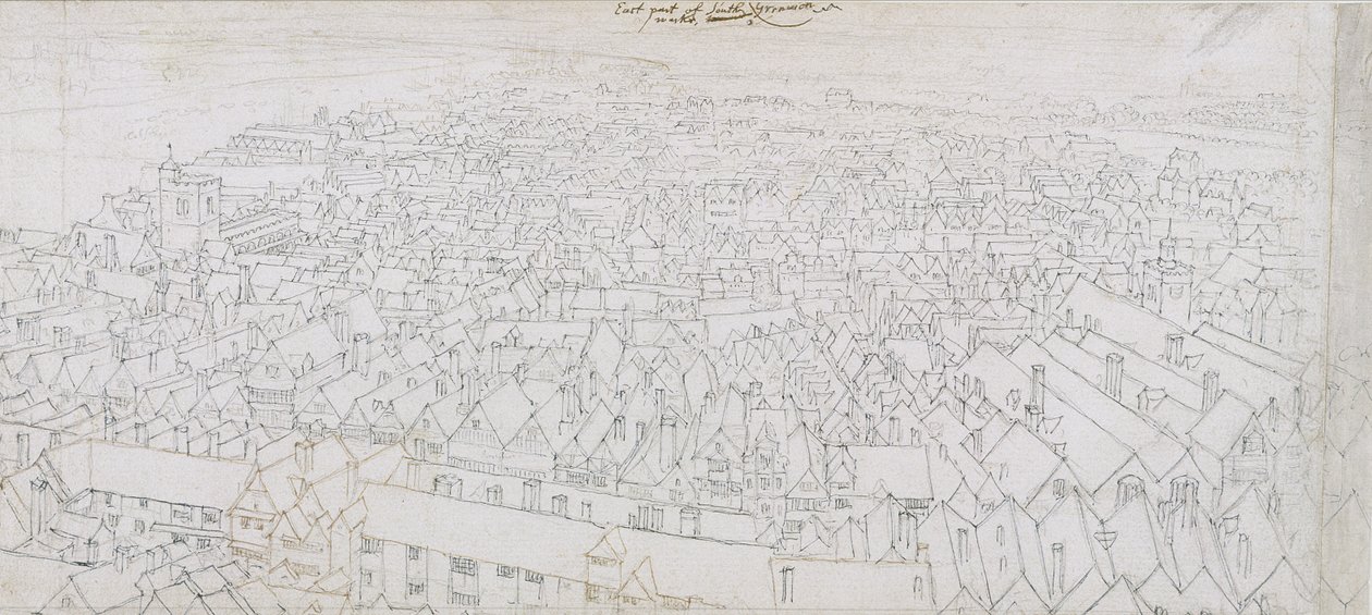 Utsikt over den østlige delen av Southwark Looking Towards Greenwich (penn, svart og brunt blekk og blyant på lagt papir) av Wenceslaus Hollar