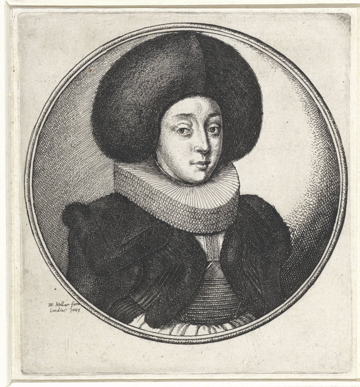 Kvinne med volangkrage og stor pelslue Medaljonger med kvinnebyster (serietittel) av Wenceslaus Hollar