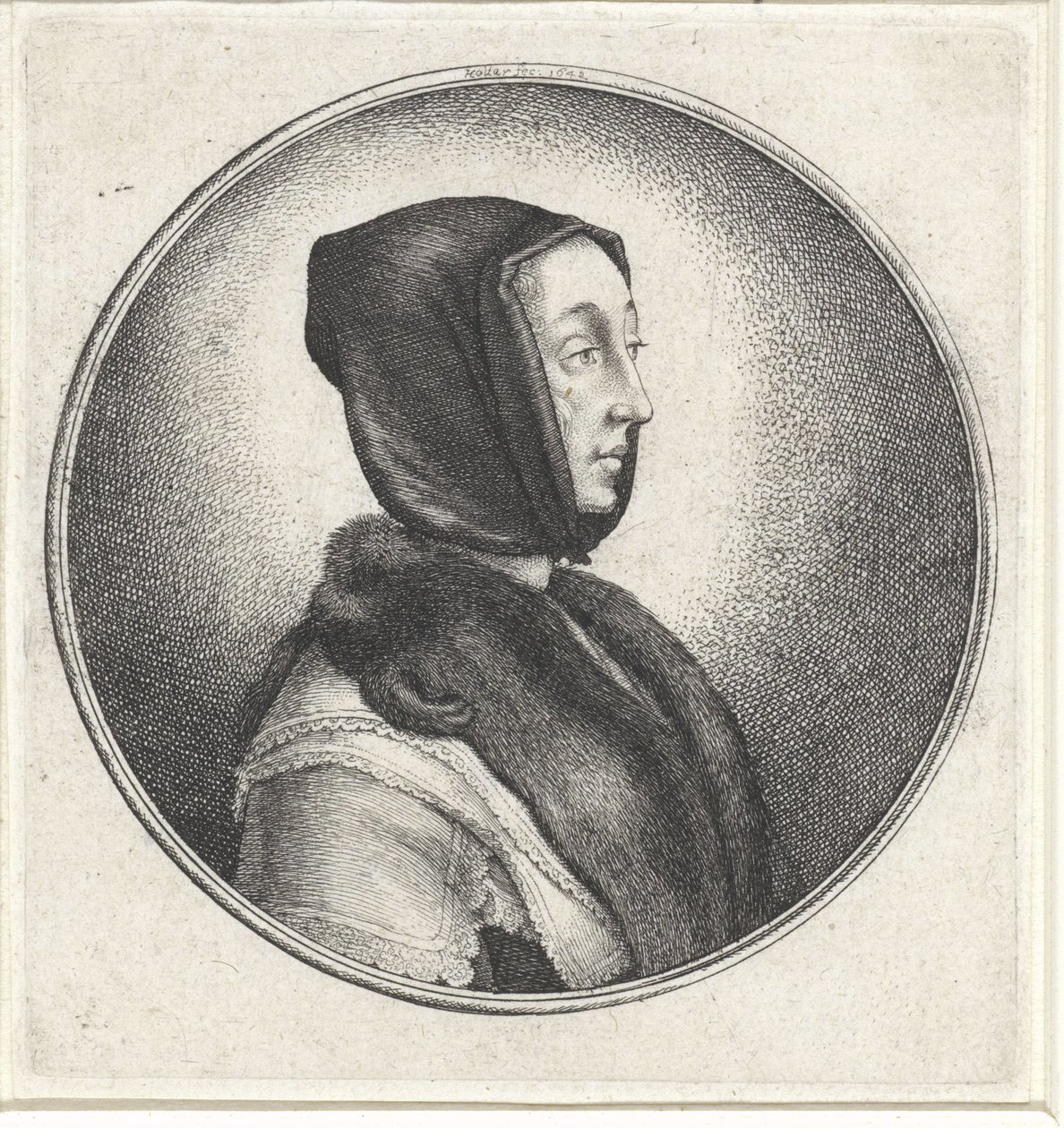 Kvinne med svart hodeskjerf og pels stjal Medaljonger med kvinnebyster (serietittel) av Wenceslaus Hollar