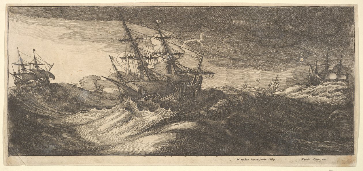 Krigsskip og en sprutende hval, 1665. av Wenceslaus Hollar