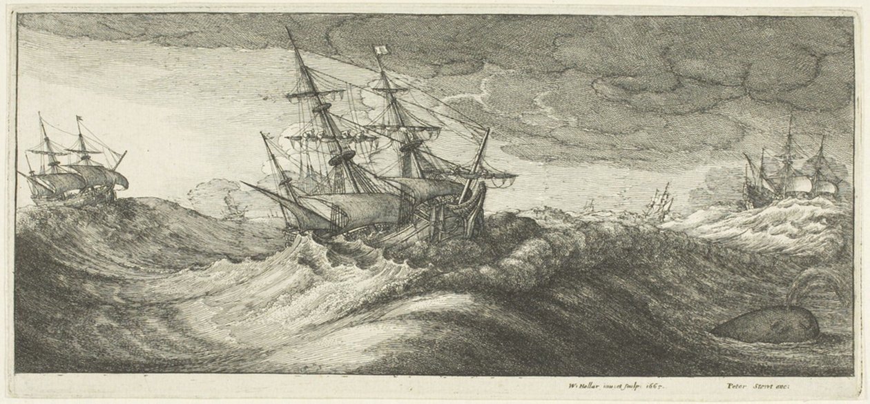 Krigsskip og en sprutende hval av Wenceslaus Hollar