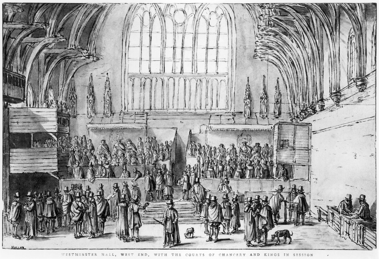 Westminster Hall, West End, med Courts of Chancery and Kings in Session av Wenceslaus Hollar