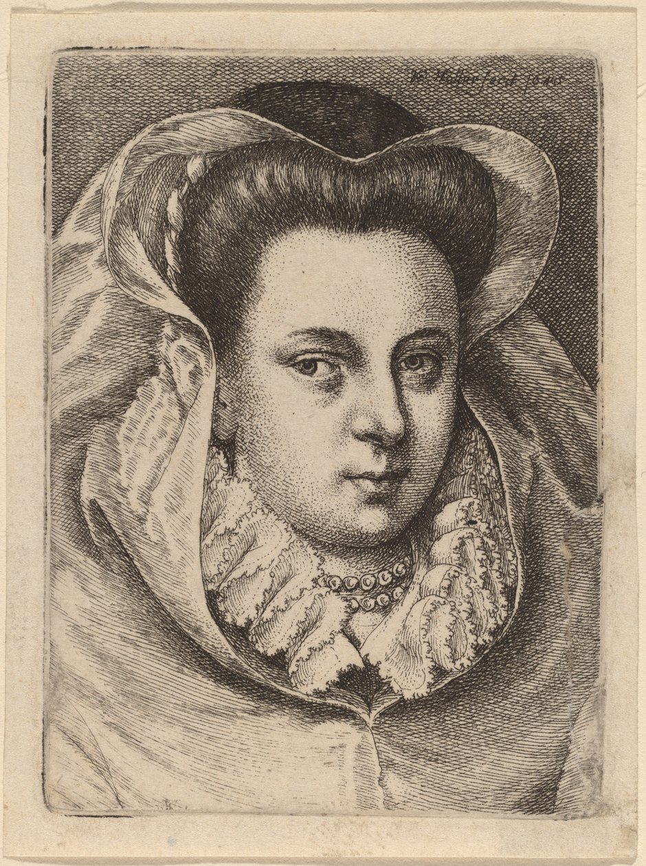 Kvinne med hvitt slør og svart hatt (Mary Stuart?) av Wenceslaus Hollar
