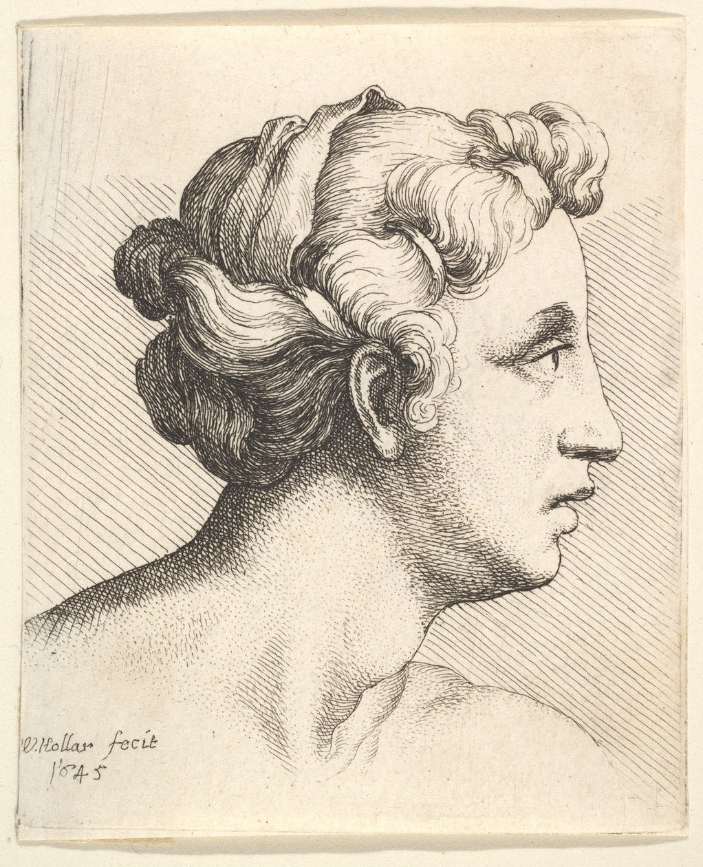 Kvinne med bundet hårlokk i profil til høyre, 1645. av Wenceslaus Hollar