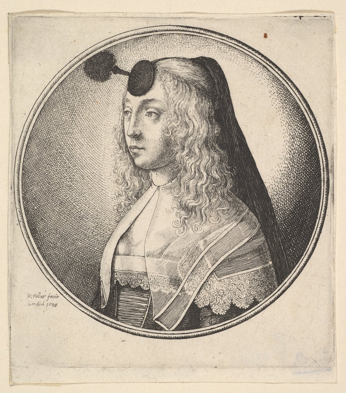 Kvinne med houpette på pannen vendt mot venstre, 1643. av Wenceslaus Hollar
