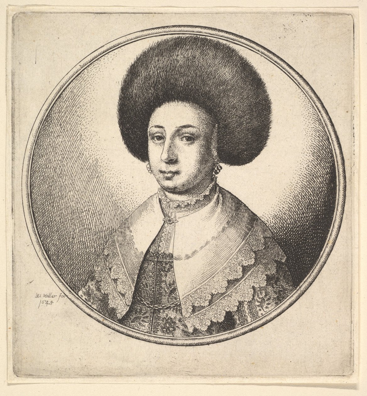 Kvinne med stor sirkulær pelshatt og øredobber, 1645. av Wenceslaus Hollar