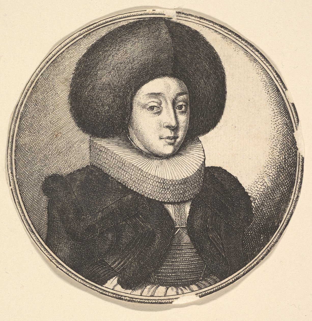 Kvinne med stor sirkulær pelslue og blonderuff, 1645. av Wenceslaus Hollar