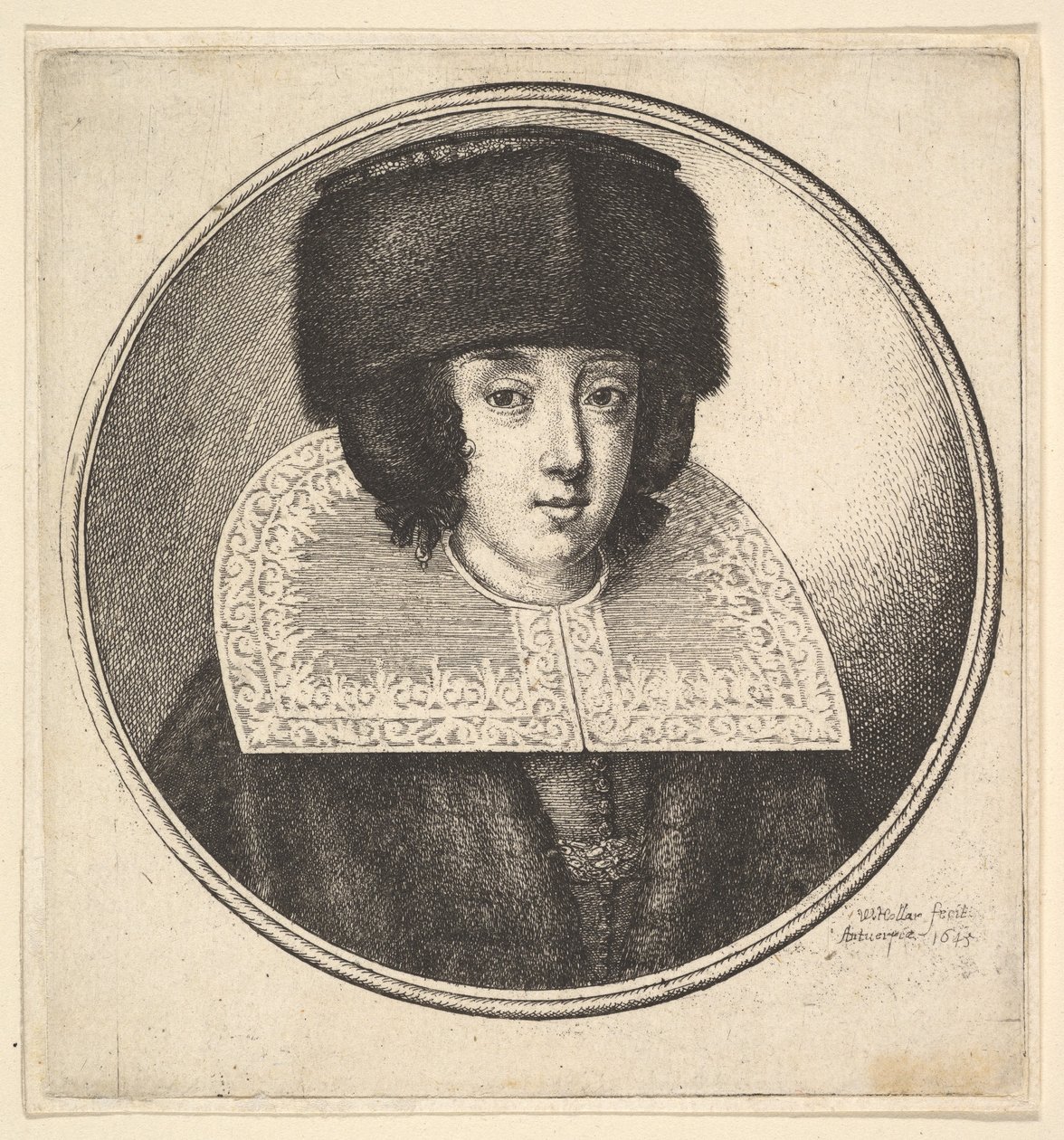 Kvinne med stiv blondekrage og flatkronet pelslue, 1645. av Wenceslaus Hollar