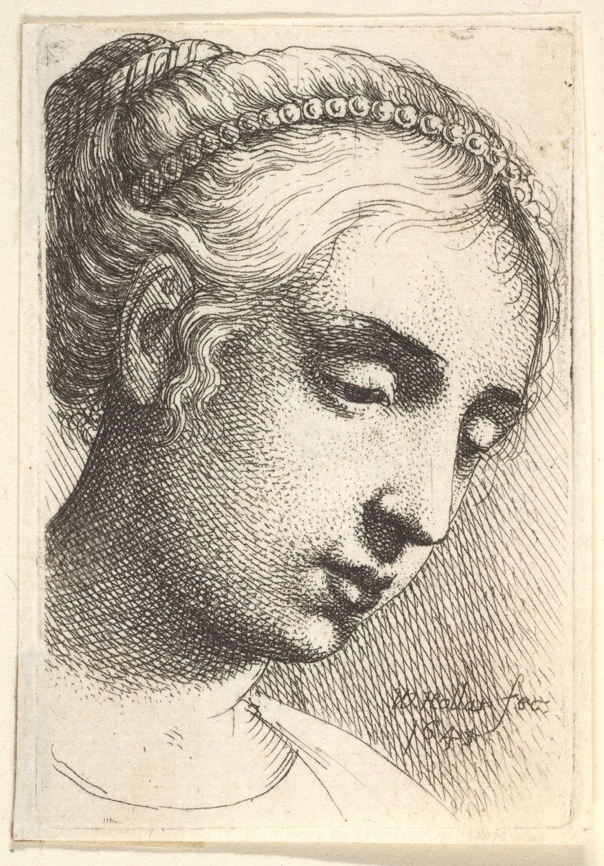 Kvinne med perlesnor i håret ser nedover til høyre, 1645. av Wenceslaus Hollar