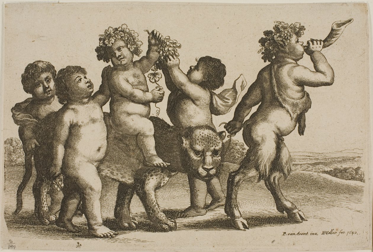Ung Bacchus som rir på en leopard ledet av en satyr som blåser i horn av Wenceslaus Hollar