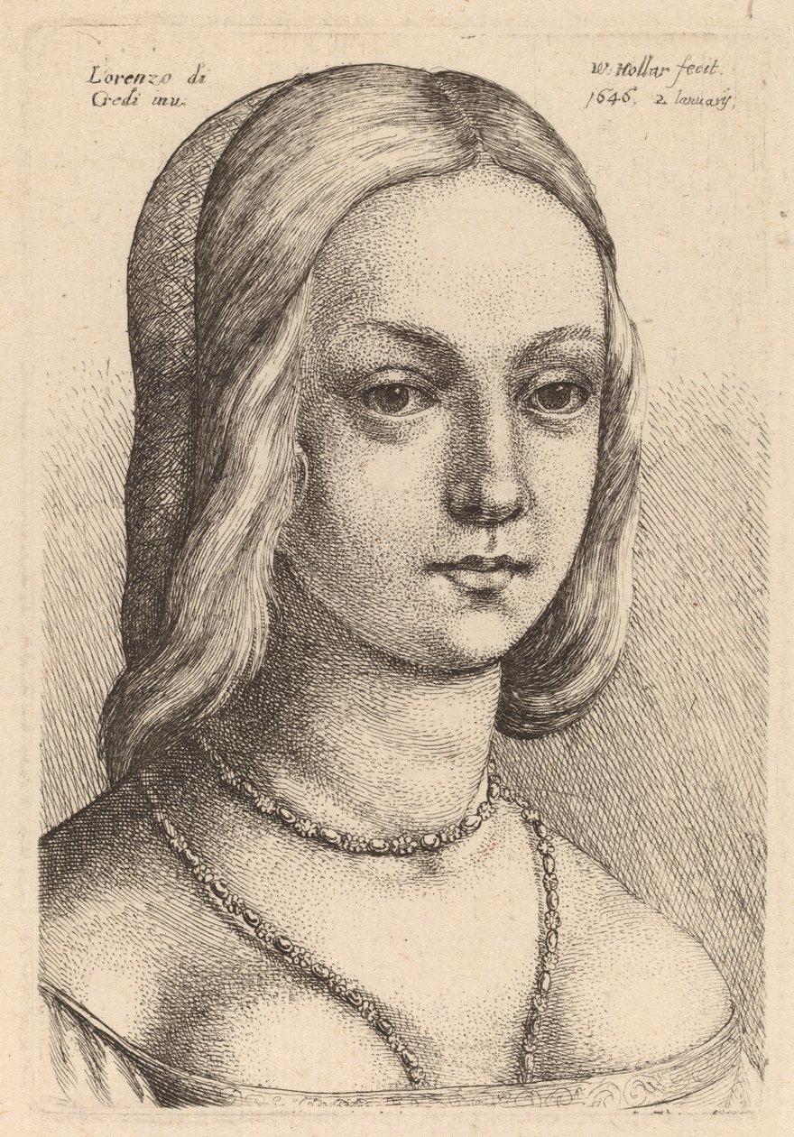 Leder for kvinne ser rett av Wenceslaus Hollar after Lorenzo di Credi