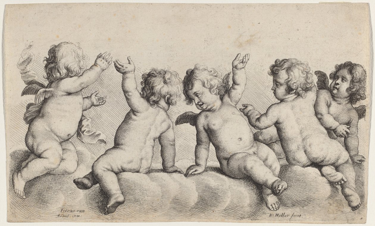 Tre kjeruber og to gutter på skyene av Wenceslaus Hollar, after Peeter van Avont