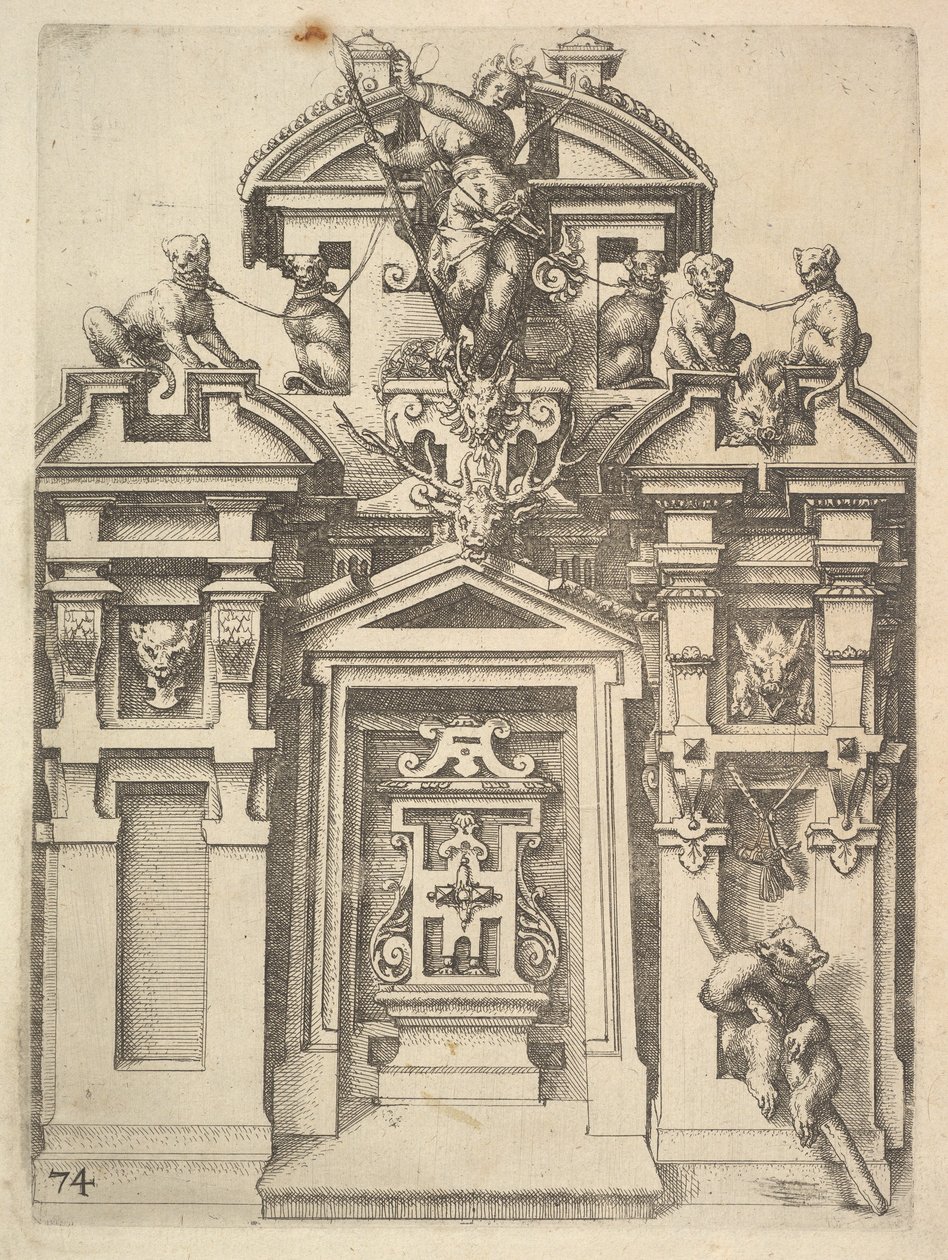 Design for en arkitektonisk struktur med et jakttema, plate 74 fra Dietterlin