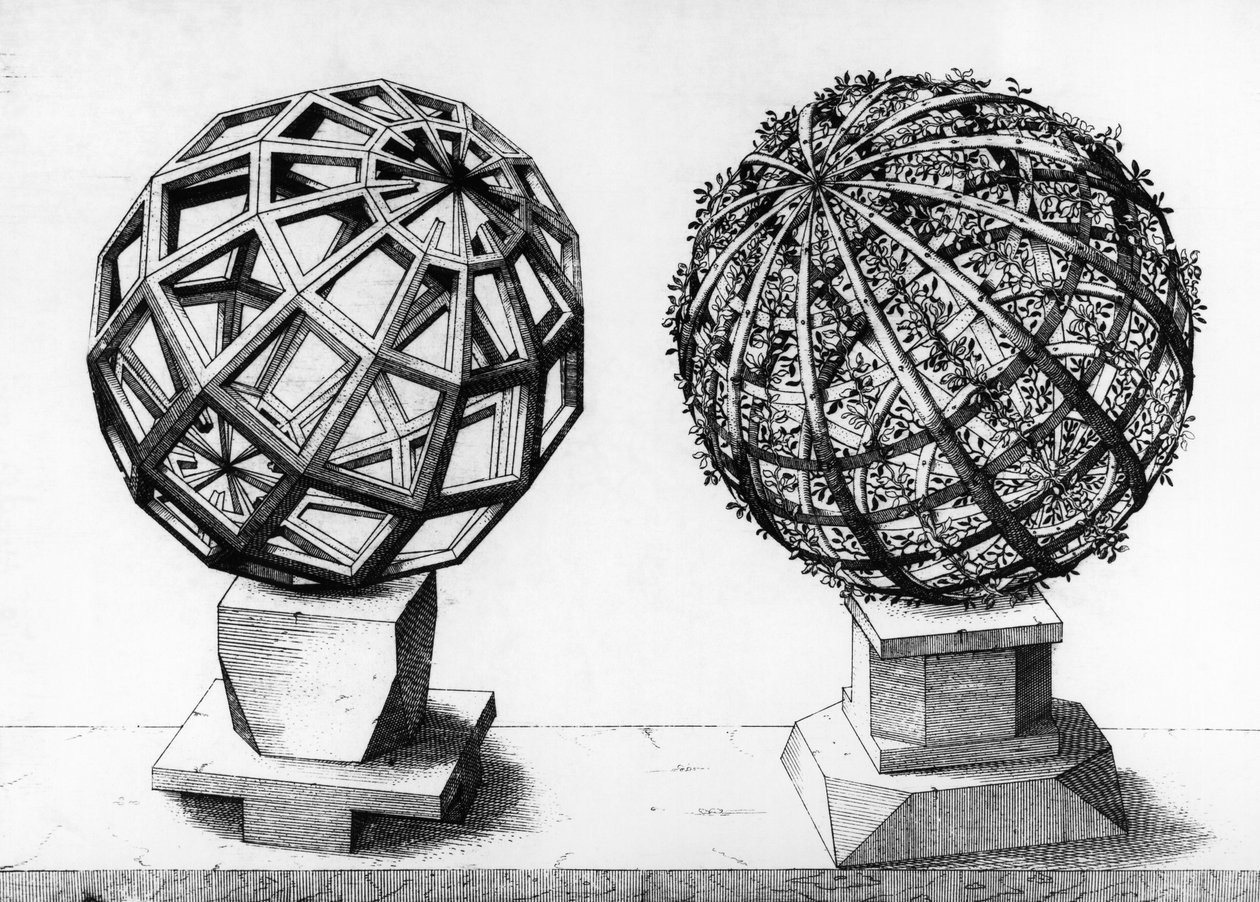 Perspektivillustrasjon, to kuler, gravering fra Perspectiva Corporum Regularium, av Wentzel Jamnitzer (1508-1585), Nürnberg av Wenzel I Jamnitzer