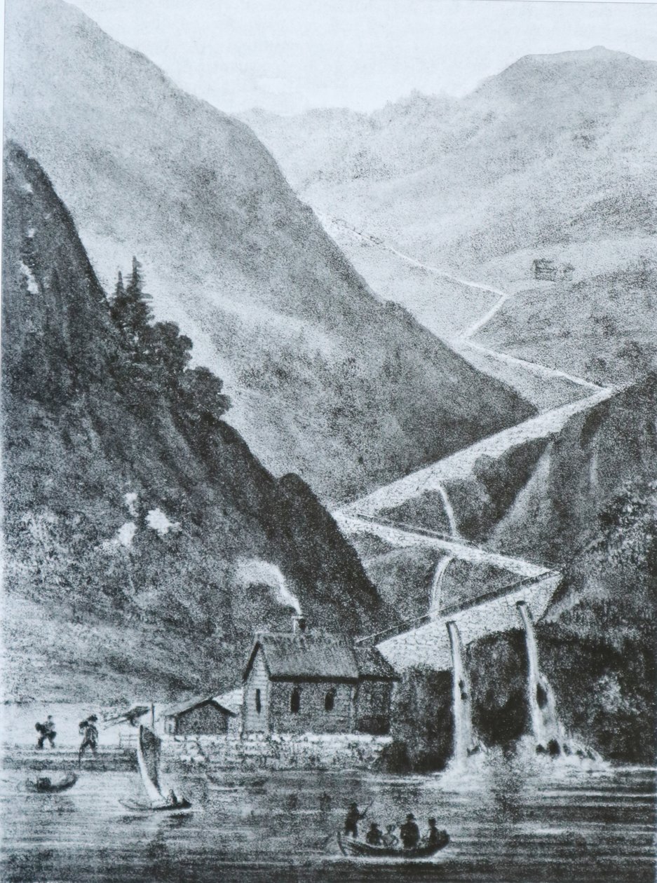 Vestlandske hovedvei østover fra Fedafjorden, Rørvikkleven. Litografi av Peter Frederik Wergmann