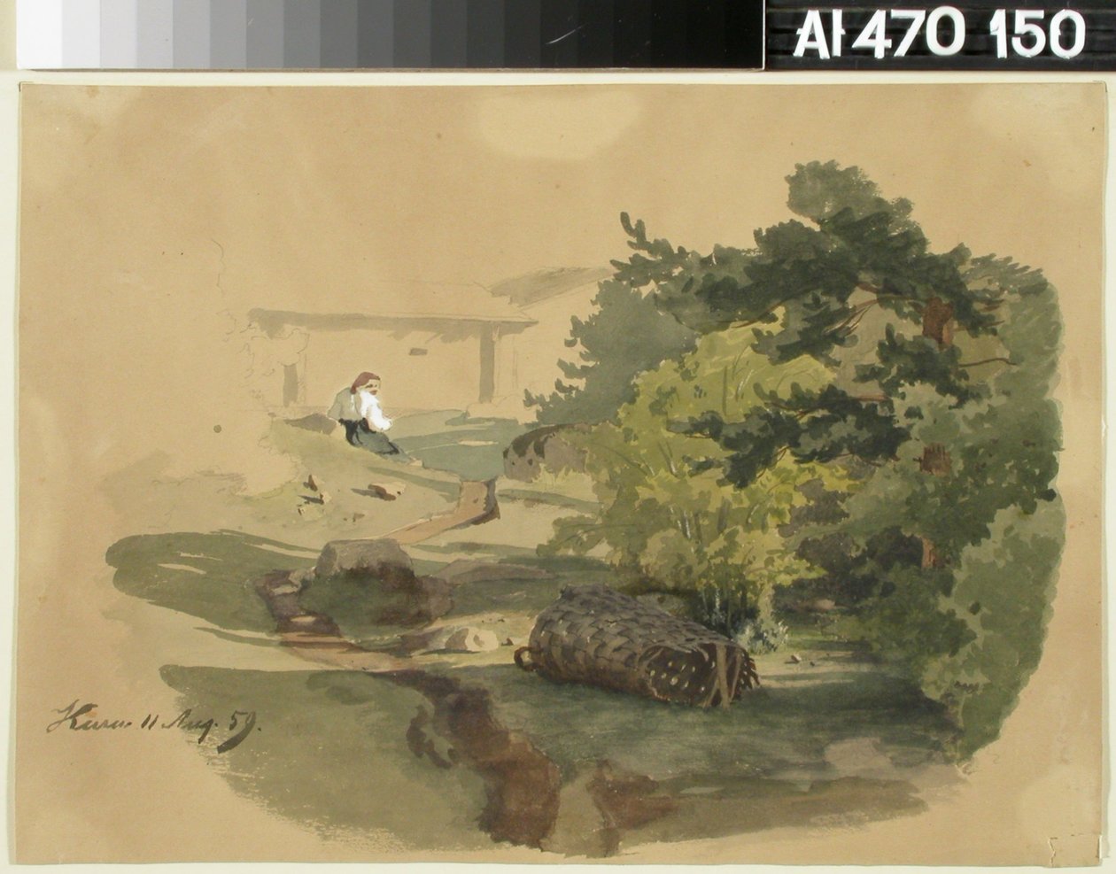 Landschaft mit Schindelkorb und sitzender Frau av Werner Holmberg