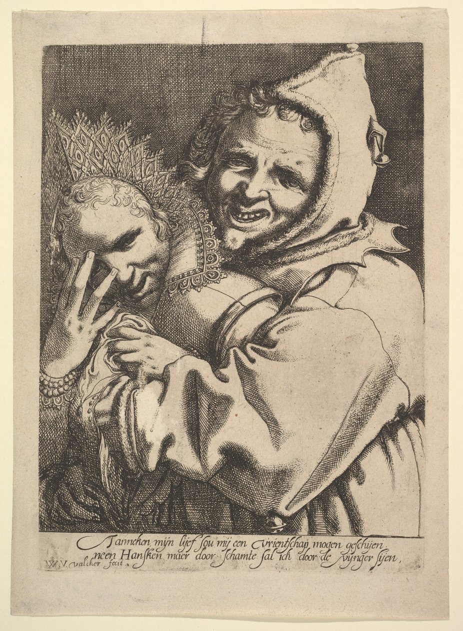 Fool med en jente som ser gjennom fingrene hennes. av Werner Jacobsz. van den Valckert