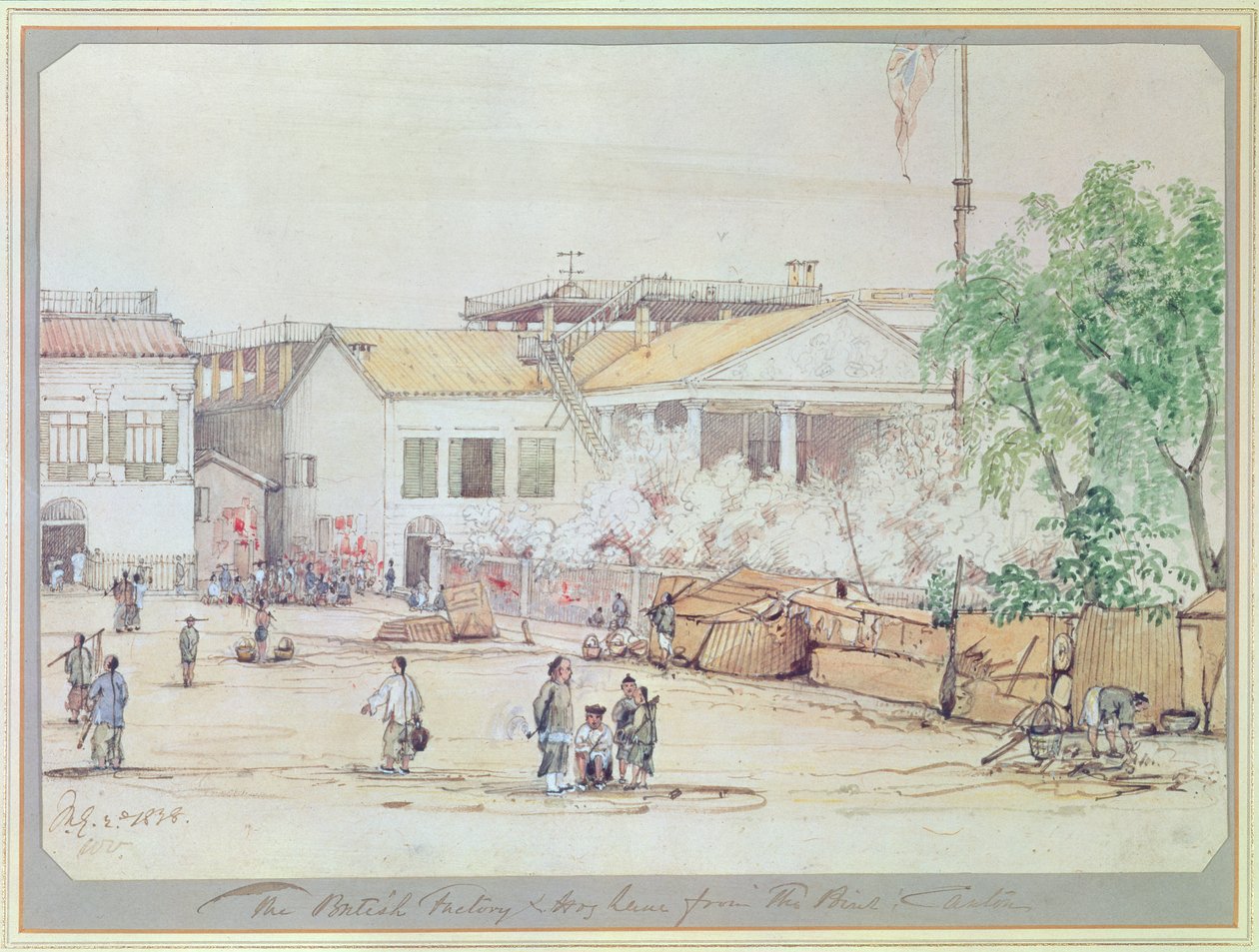 Den britiske fabrikken på Hog Lane, Canton, 1838 (wc på papir) av Werner Varnham