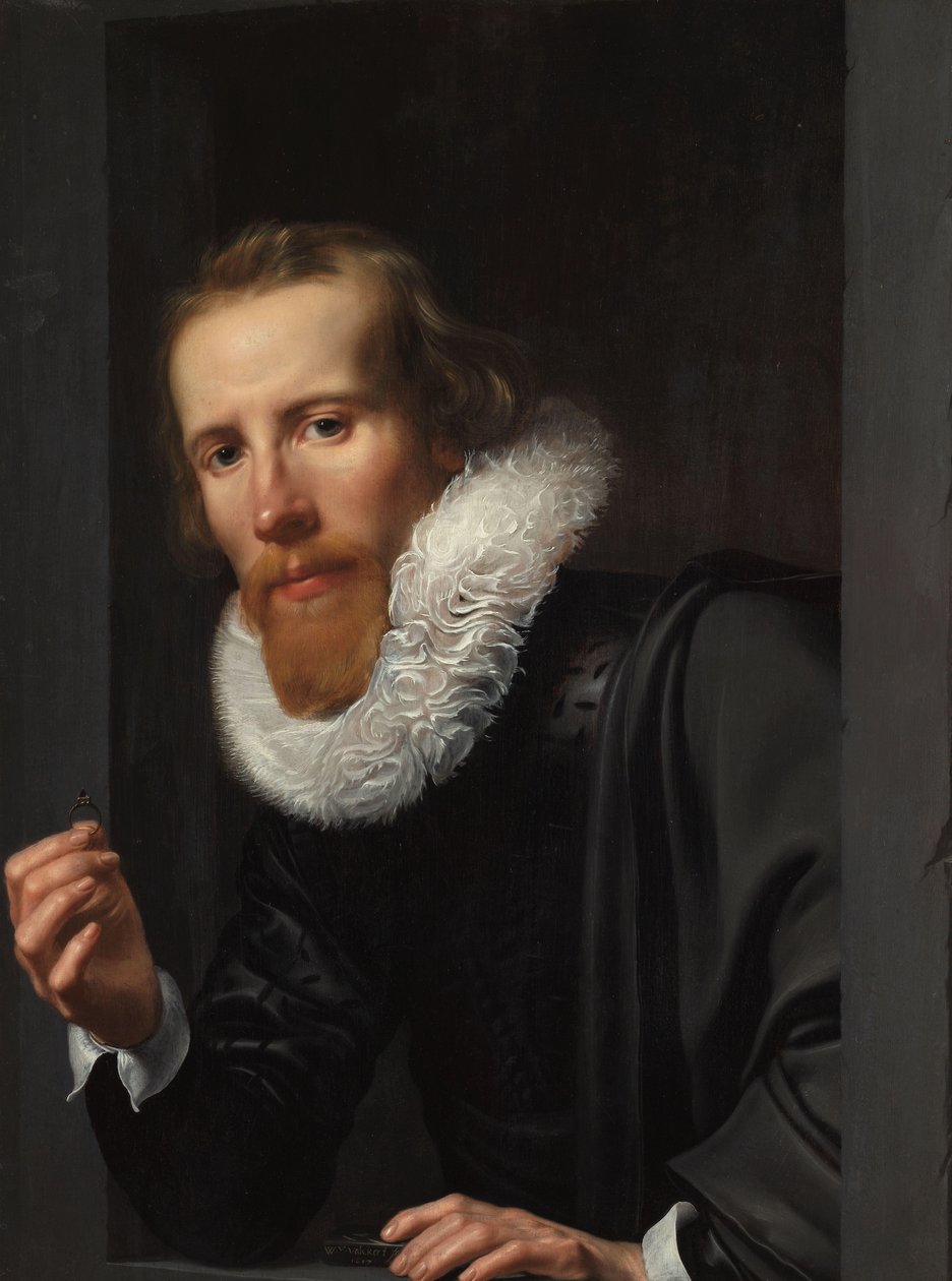 Portrett av en gullsmed, sannsynligvis Bartholomeus Jansz van Assendelft Portrett av en mann med ring og prøvestein, sannsynligvis Bartholomeus Jansz van Assendelft (1585-1658) av Werner van den Valckert (signed by artist)