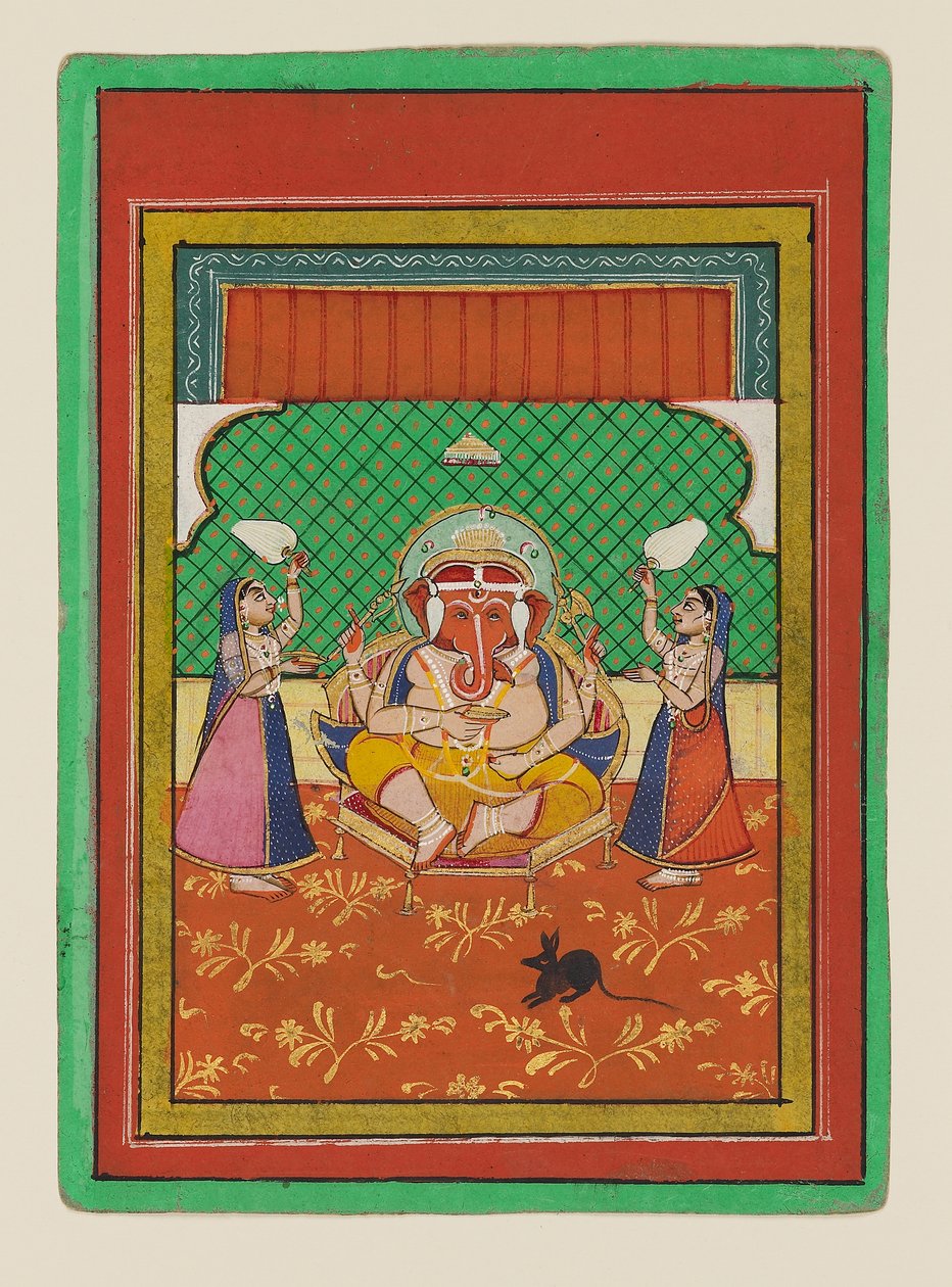 Sittende Ganesha med ledsagere, slutten av 1800-begynnelsen av 1900-tallet (gouache på papir) av West Indian School