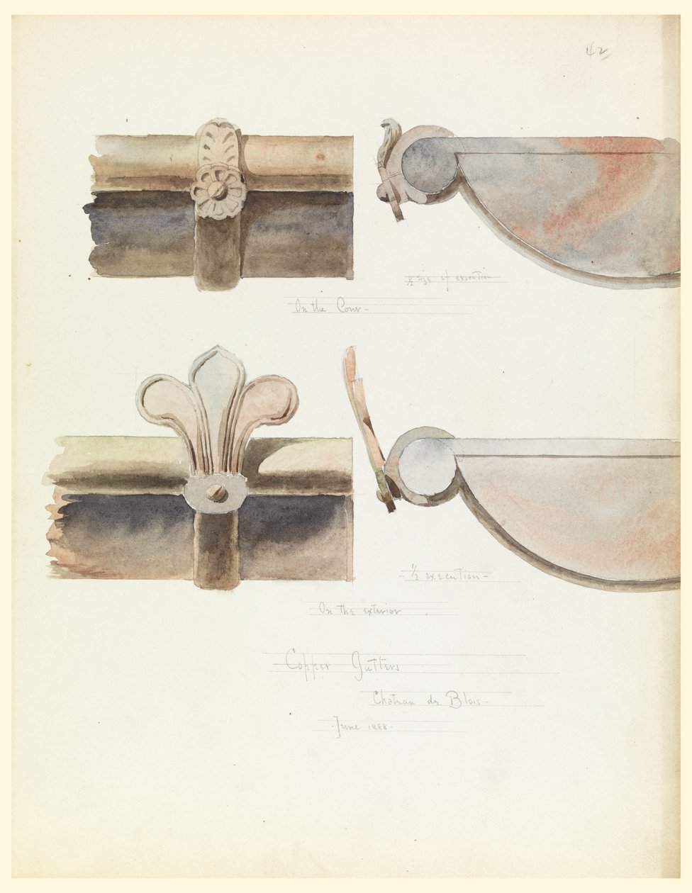 Tegning, to kobberrenne, fra et slott fra 1500-tallet, Blois, Frankrike, juni 1888 av Whitney Warren Jr.