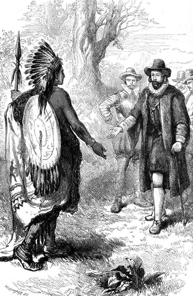 Mottak av en Narragansett-kriger av John Winthrop, Massachusetts, c1630s c1880 av Whymper