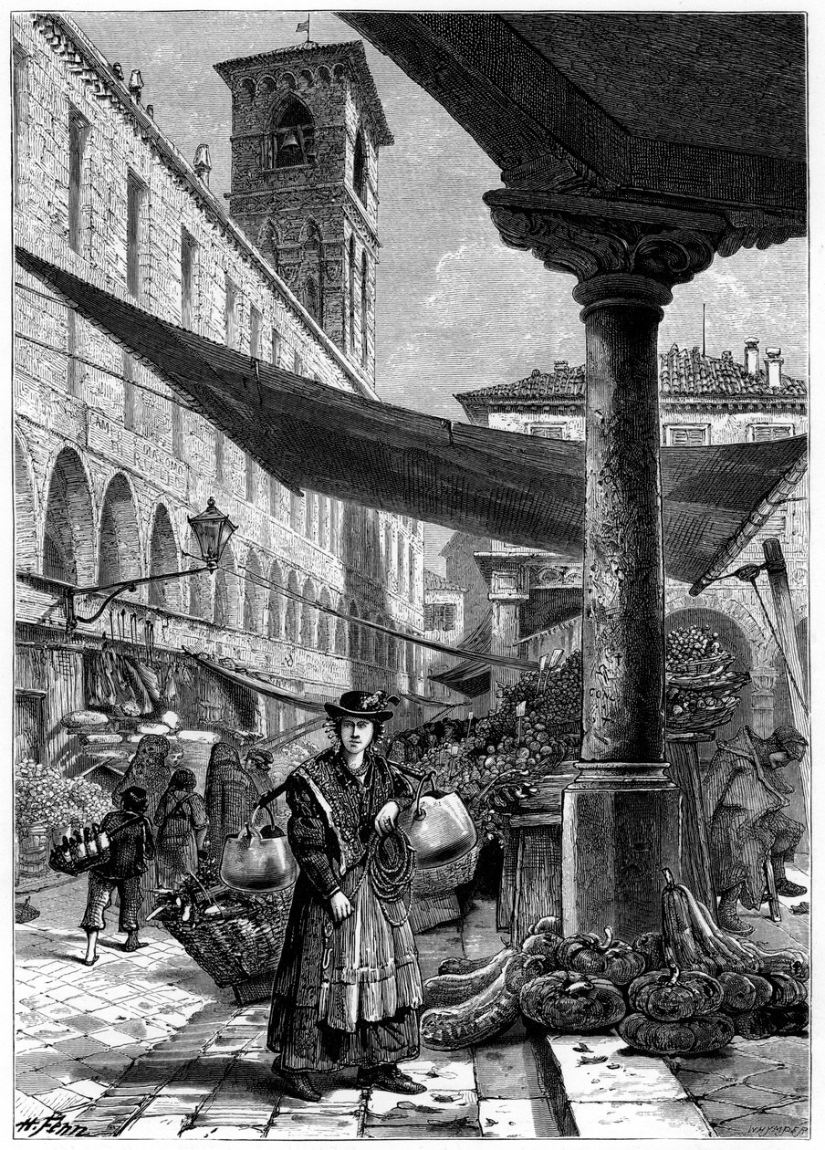 Rialto fruktmarked, Venezia, Italia, 1800-tallet. av Whymper